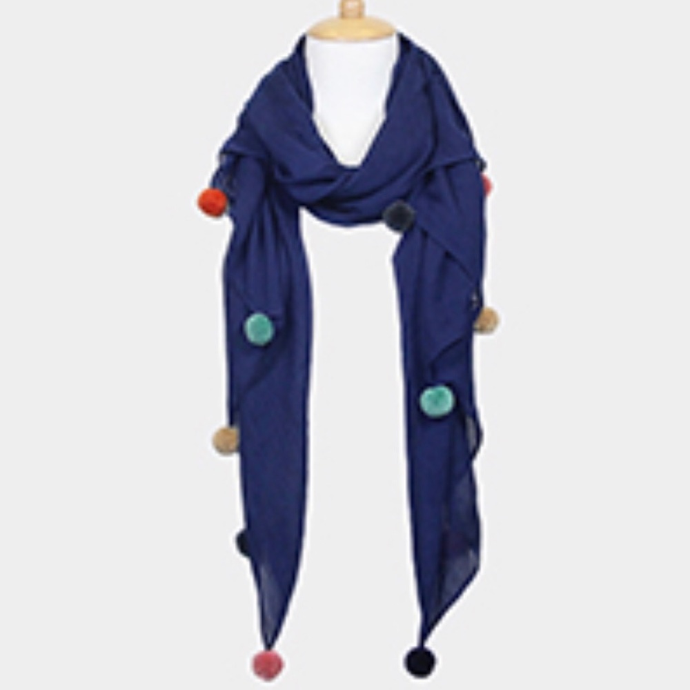 Women’s Lightweight Navy Scarf With Pom Pom Trim. - Picture 4 of 5